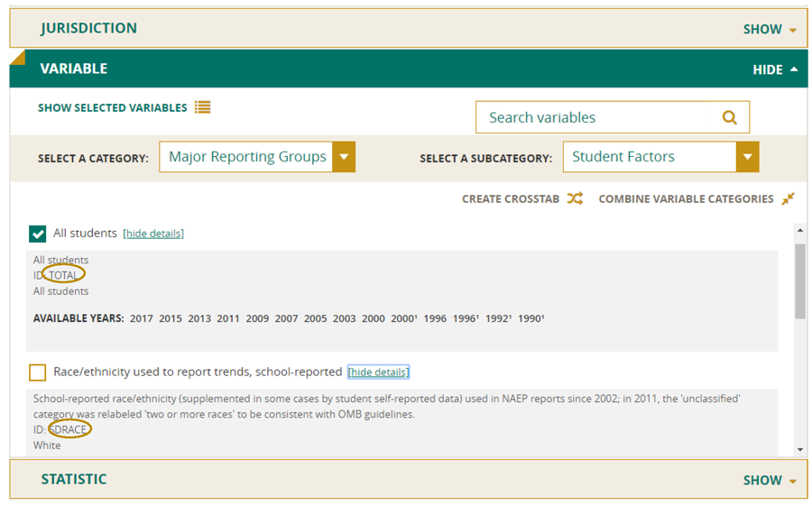 Image from the Nation's Report Card NAEP Data Explorer (NDE) web page showing student variable selection screen. This interface allows users to switch between major reporting groups and student factors. The selected variable has its attributes shown which include student group, category, and all years data is available. There are two examples highlighted with a gold oval. One highlights the TOTAL of All Students and the other highlights SDRACE for Race/ethnicity used to report trends, school-reported category.
